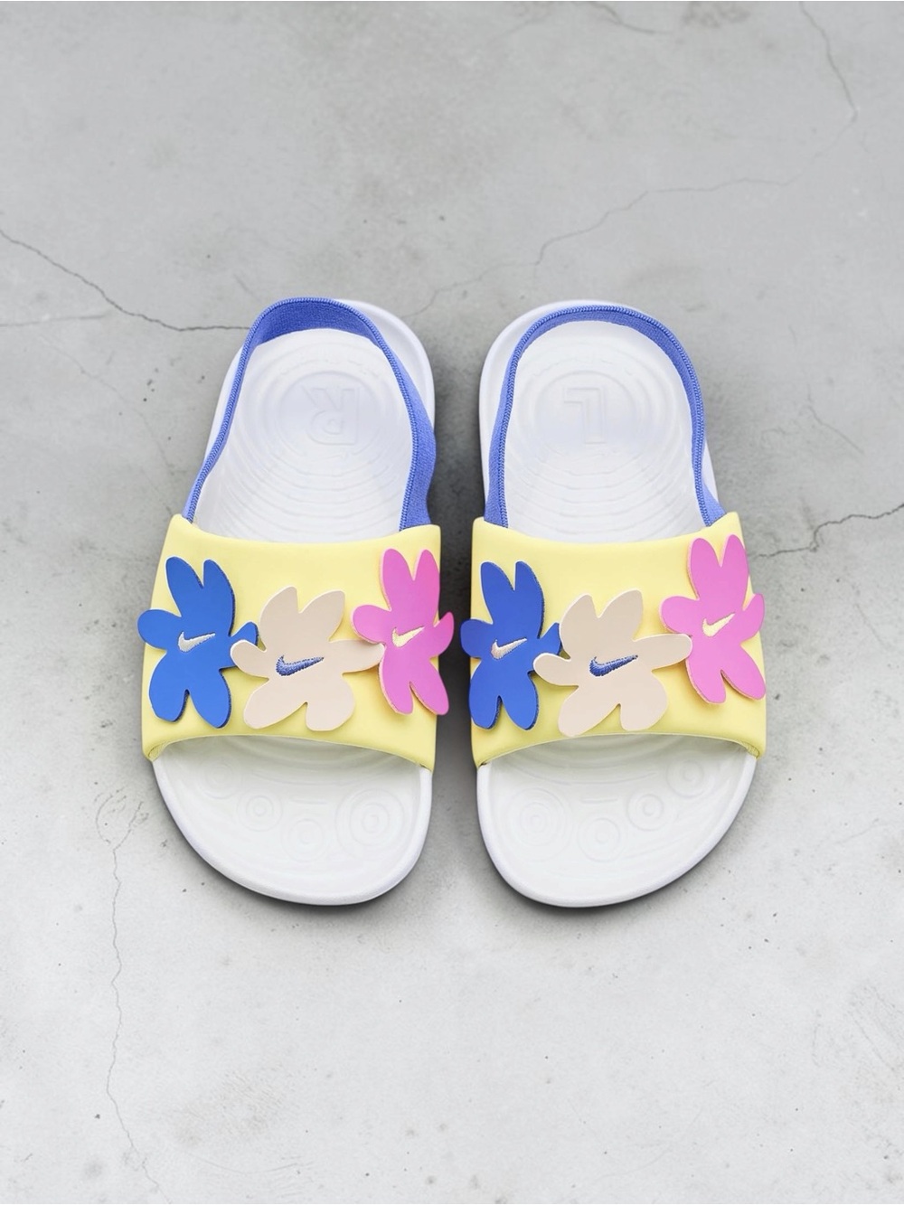 Nike Kawa Slide Sandals with Blue, Pink & Cream Flower Accents